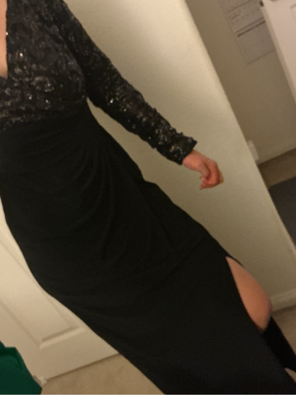 Polo by Ralph Lauren Black Sequin Bodice Maxi Gown with Side Slit